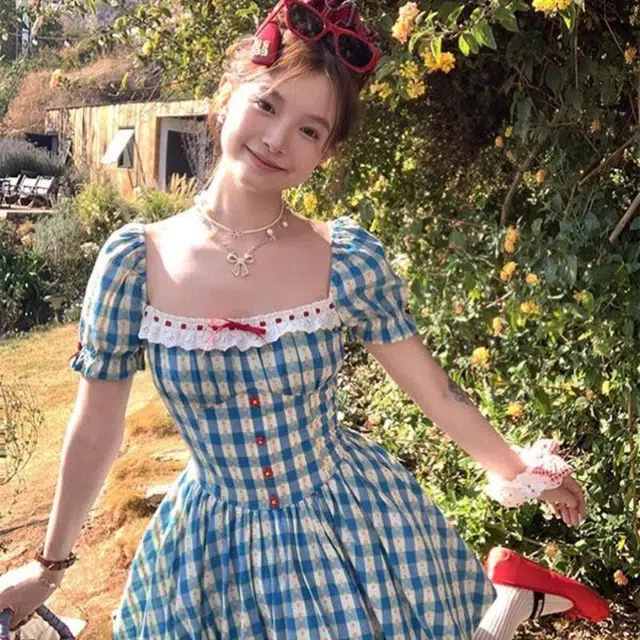 柏黛妃 法式甜美森系碎花田园格纹显瘦短款花苞裙短袖连衣裙 女款