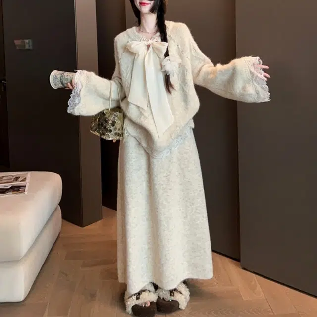 柏黛妃 轻盈优雅甜美舒适简约设计百搭休闲针织材质半身裙两件法式蝴蝶结高级感软糯时尚别致好看毛衣+轻裙装套装 女款