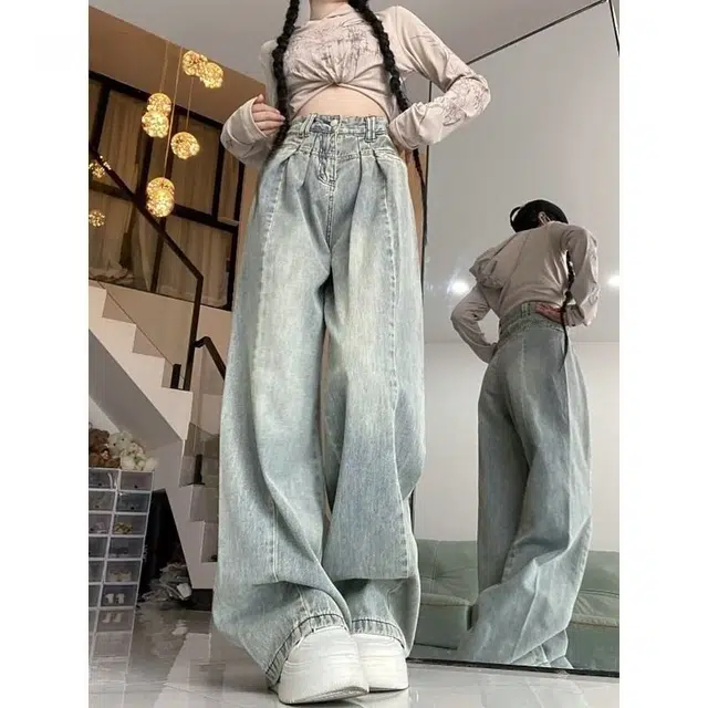 依钗 复古高腰阔腿薄款垂感褶皱拖地裤牛仔裤 女款