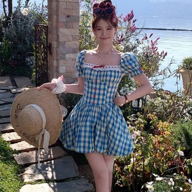 柏黛妃 法式甜美森系碎花田园格纹显瘦短款花苞裙短袖连衣裙 女款