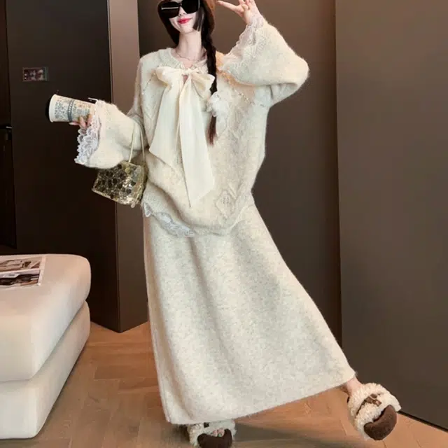 柏黛妃 轻盈优雅甜美舒适简约设计百搭休闲针织材质半身裙两件法式蝴蝶结高级感软糯时尚别致好看毛衣+轻裙装套装 女款