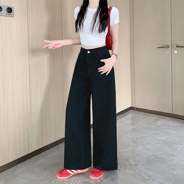 柏黛妃 复古设计感高腰阔腿宽松百搭长裤女牛仔裤 女款