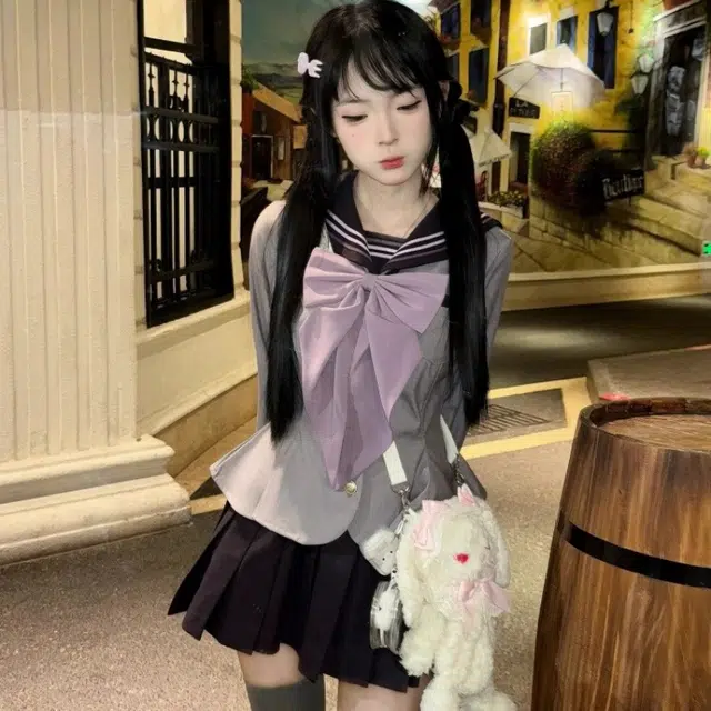 柏黛妃 学院风上衣收腰蝴蝶结日系百搭半裙裙装套装 女款