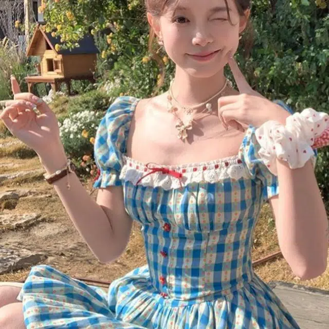 柏黛妃 法式甜美森系碎花田园格纹显瘦短款花苞裙短袖连衣裙 女款