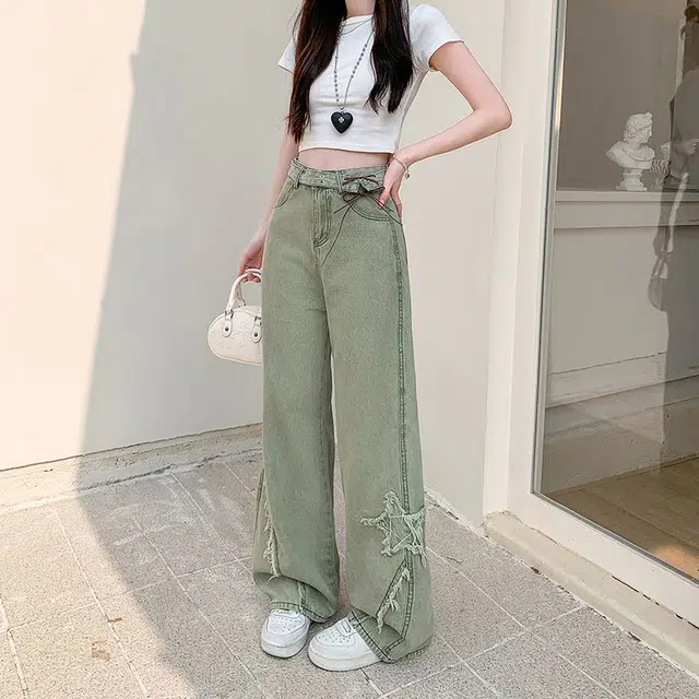 柏黛妃 高腰设计美式复古蝴蝶结牛仔裤 女款