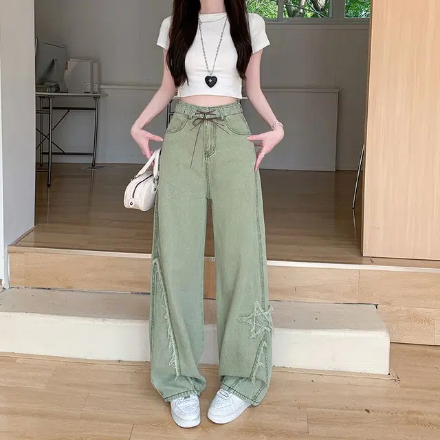 柏黛妃 高腰设计美式复古蝴蝶结牛仔裤 女款