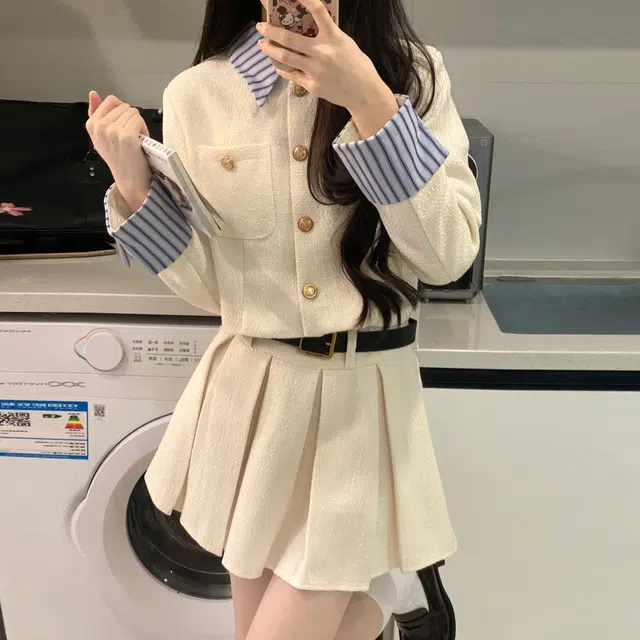 九条喵 小香风拼接西装短款外套百褶半身裙制服 女款