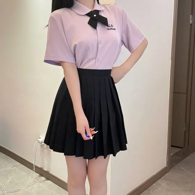 九条喵 字母刺绣领结短袖衬衫 女款 紫色