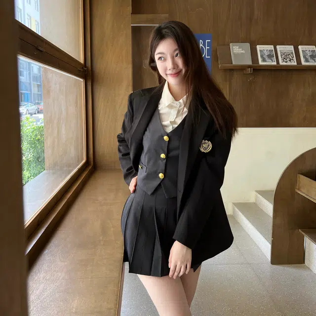 九条喵 单排扣西装马甲拼色长袖衬衫纯色百褶短裙制服 女款 灰色