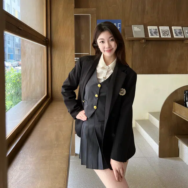 九条喵 单排扣西装马甲拼色长袖衬衫纯色百褶短裙制服 女款 灰色