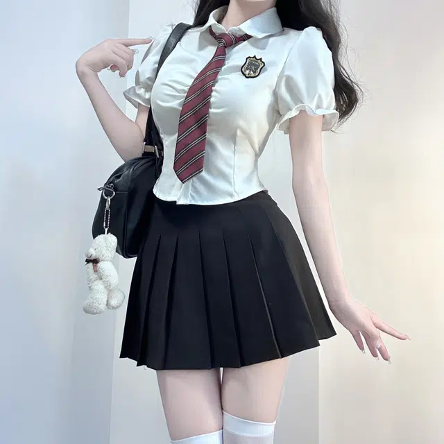 九条喵 纯色收腰绑带领带泡泡袖衬衫其他制服上装 女款