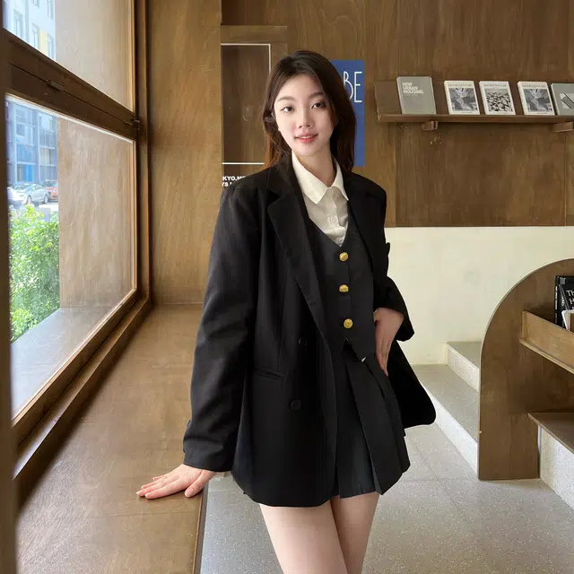 九条喵 单排扣西装马甲拼色长袖衬衫纯色百褶短裙制服 女款 灰色