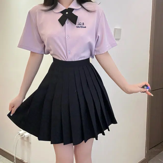 九条喵 字母刺绣领结短袖衬衫 女款 紫色