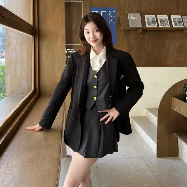 九条喵 单排扣西装马甲拼色长袖衬衫纯色百褶短裙制服 女款 灰色