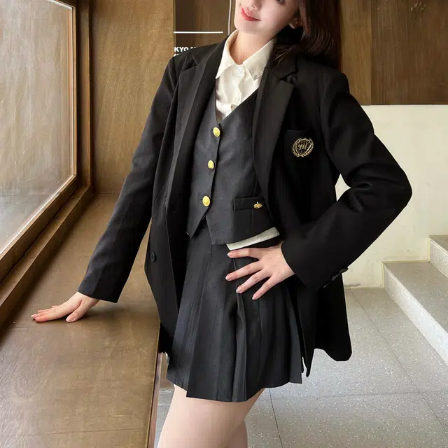 九条喵 单排扣西装马甲拼色长袖衬衫纯色百褶短裙制服 女款 灰色