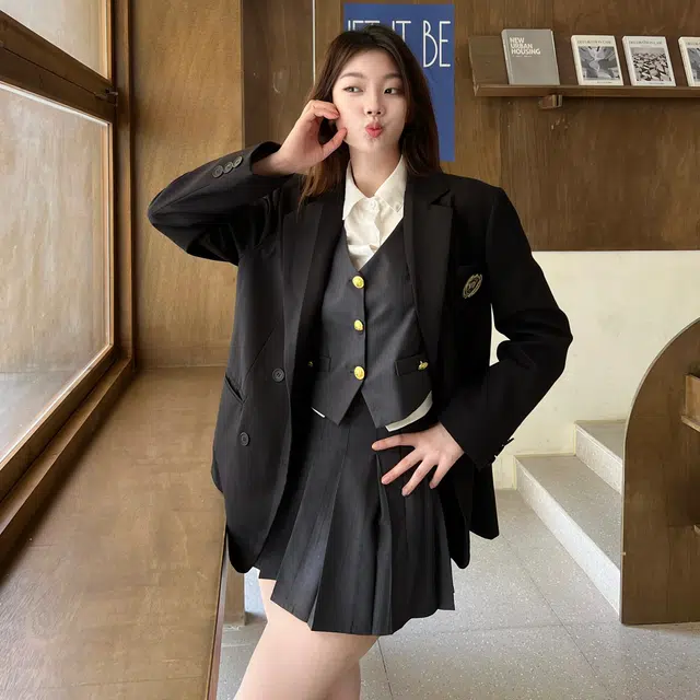 九条喵 单排扣西装马甲拼色长袖衬衫纯色百褶短裙制服 女款 灰色