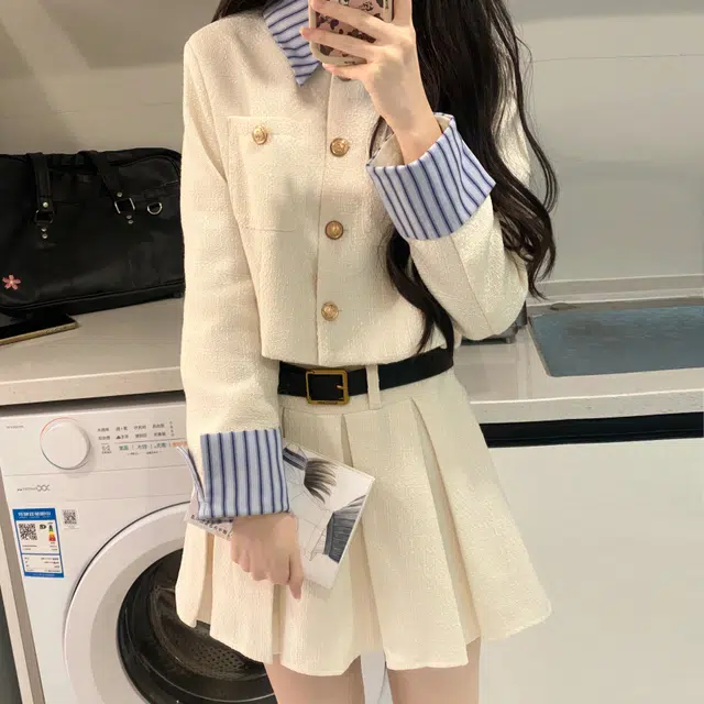 九条喵 小香风拼接西装短款外套百褶半身裙制服 女款