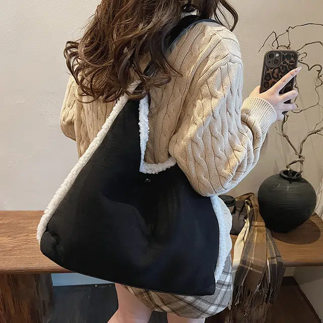 巴朗熊 秋冬毛绒百搭通勤复古学生上课 时尚休闲 麂皮 单肩包 常规 女款 黑色/卡其色/咖色
