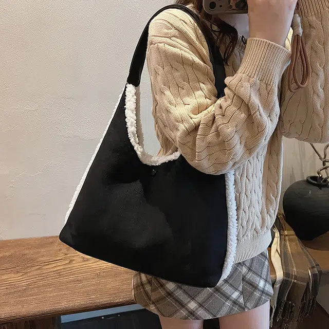巴朗熊 秋冬毛绒百搭通勤复古学生上课 时尚休闲 麂皮 单肩包 常规 女款 黑色/卡其色/咖色