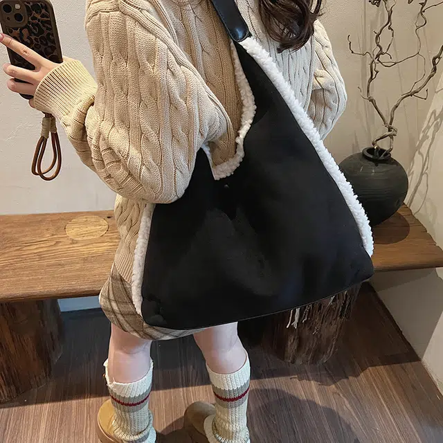 巴朗熊 秋冬毛绒百搭通勤复古学生上课 时尚休闲 麂皮 单肩包 常规 女款 黑色/卡其色/咖色