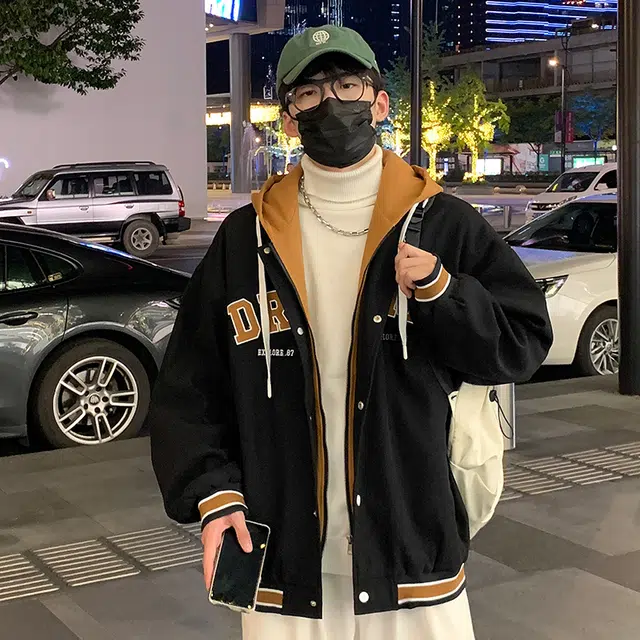 寻星记  拼接美式复古高街潮牌趣味镂空字母印花刺绣感设计潮流舒适百搭痞帅出街穿搭宽松休闲假两件连帽落肩开衫纯色直筒棒球服 男女同款