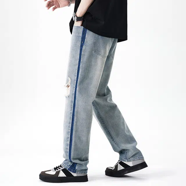 玉儿恋 美式复古破洞水洗做旧宽松休闲直筒牛仔裤 男女同款 蓝色
