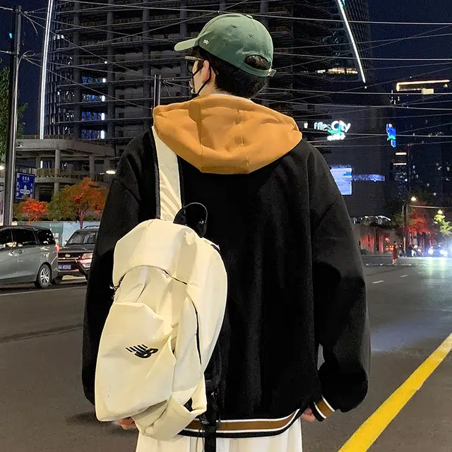 寻星记  拼接美式复古高街潮牌趣味镂空字母印花刺绣感设计潮流舒适百搭痞帅出街穿搭宽松休闲假两件连帽落肩开衫纯色直筒棒球服 男女同款