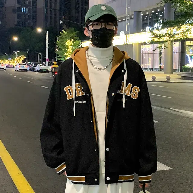 寻星记  拼接美式复古高街潮牌趣味镂空字母印花刺绣感设计潮流舒适百搭痞帅出街穿搭宽松休闲假两件连帽落肩开衫纯色直筒棒球服 男女同款