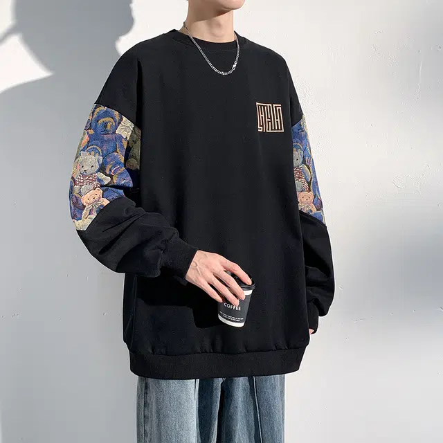 帝狼牛 美式卡通小熊字母印花早秋宽松休闲圆领套头长袖卫衣 男女同款