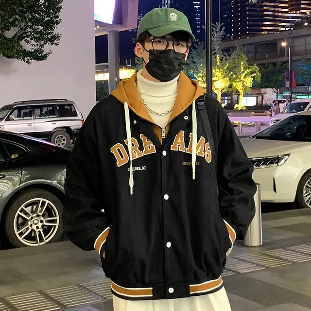 寻星记  拼接美式复古高街潮牌趣味镂空字母印花刺绣感设计潮流舒适百搭痞帅出街穿搭宽松休闲假两件连帽落肩开衫纯色直筒棒球服 男女同款