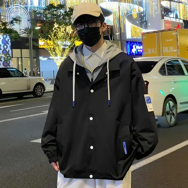 费尔岛上的猫 美式高街风假两件连帽宽松休闲长袖潮流单品夹克 男女同款