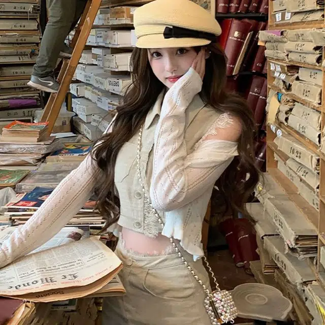 囍鱼少女 睫毛蕾丝边拼接无袖上衣半身裙甜美小个子两件套裙装套装 女款