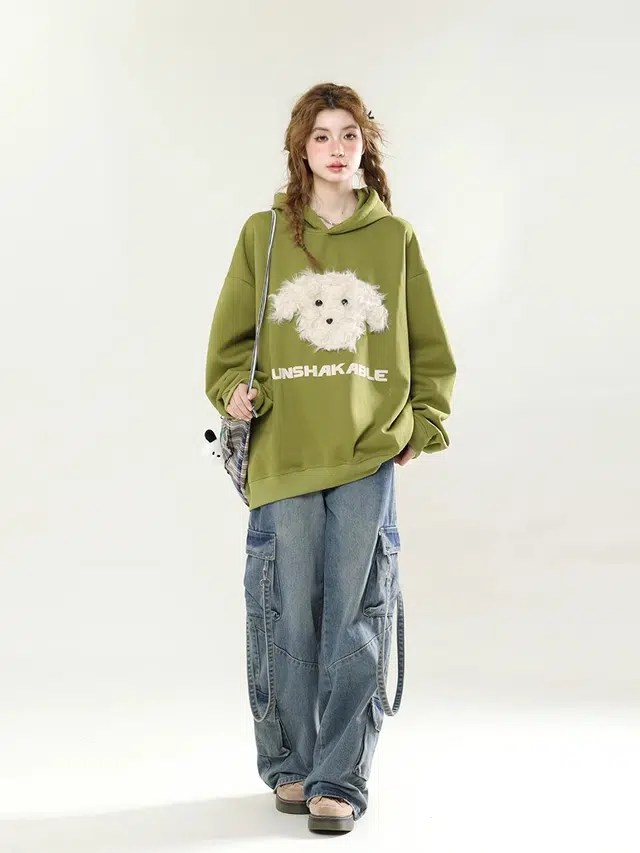 囍鱼少女 毛绒可爱小狗贴布宽松休闲百搭情侣连帽女长袖上衣外套卫衣 女款