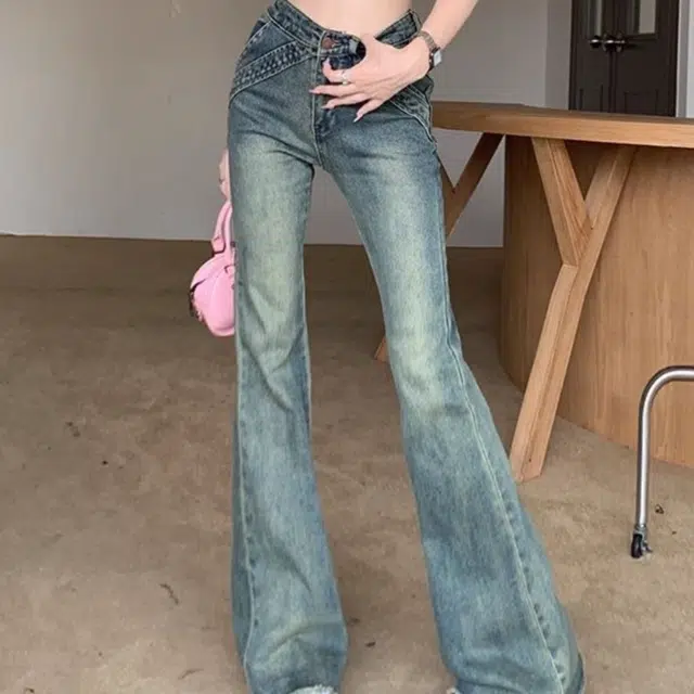 囍鱼少女 美式复古辣妹低腰微喇裤女高街设计感修身显瘦喇叭裤牛仔裤 女款