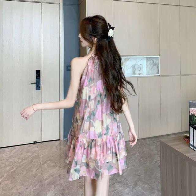 囍鱼少女 法式荷叶边蓬蓬裙女夏季挂脖短裙浪漫复古印花裙子无袖连衣裙 女款