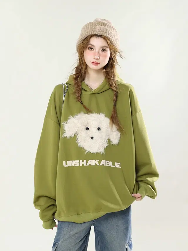 囍鱼少女 毛绒可爱小狗贴布宽松休闲百搭情侣连帽女长袖上衣外套卫衣 女款