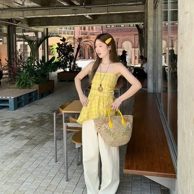 囍鱼少女 韩系度假风格子背心女夏季气质显瘦褶皱收腰裙摆外穿上衣 吊带 女款