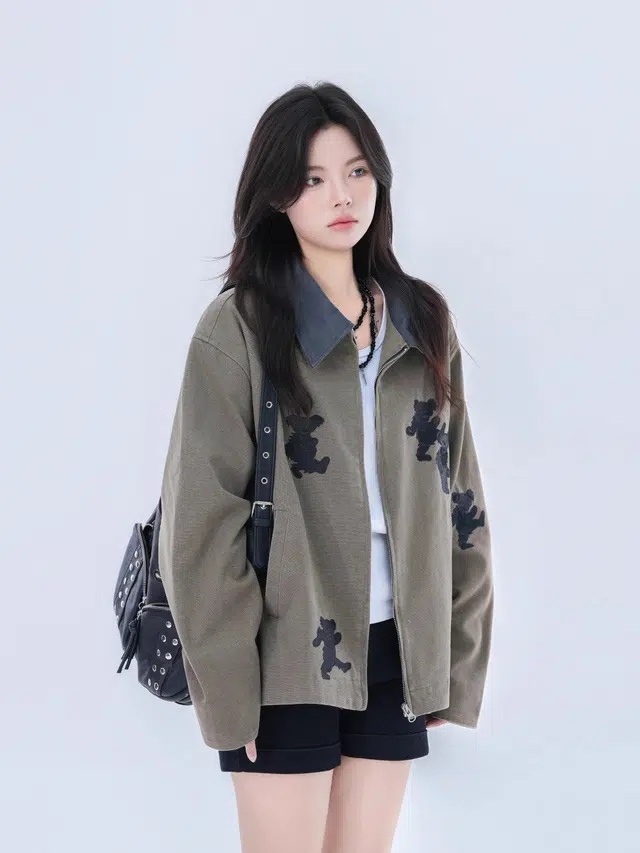 囍鱼少女 美式复古小熊刺绣翻领男女设计感宽松中性风外套夹克 女款