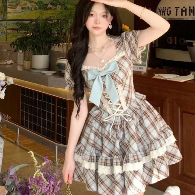 囍鱼少女 法式复古学院风方领泡泡袖裙夏季甜美少女感蝴蝶结格纹公主裙短袖连衣裙 女款