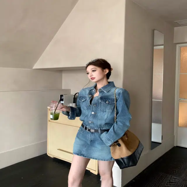 囍鱼少女 法式复古牛仔女秋季设计感单排扣翻领长袖包臀短裙连衣裙 女款