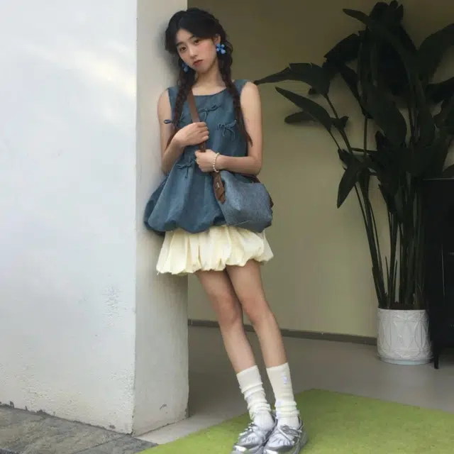 囍鱼少女 甜美田园风设计感蝴蝶结绑带牛仔背心半身裙裙装套装 女款