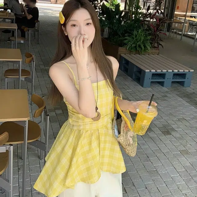 囍鱼少女 韩系度假风格子背心女夏季气质显瘦褶皱收腰裙摆外穿上衣 吊带 女款