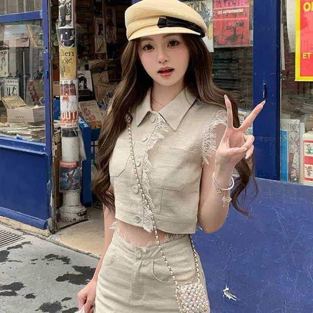 囍鱼少女 睫毛蕾丝边拼接无袖上衣半身裙甜美小个子两件套裙装套装 女款