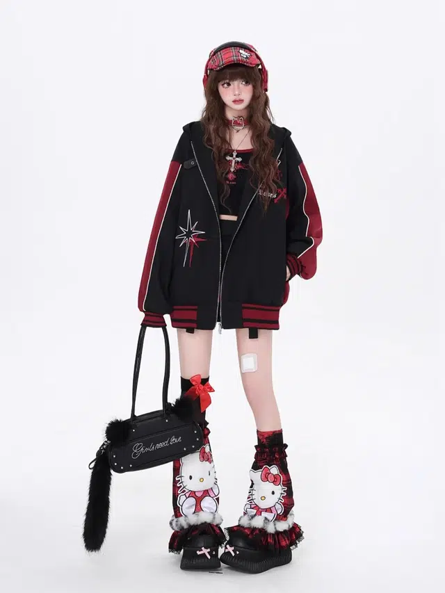 囍鱼少女 美式棒球服外套女春秋薄款宽松撞色拼接小个子开衫连帽潮夹克 女款