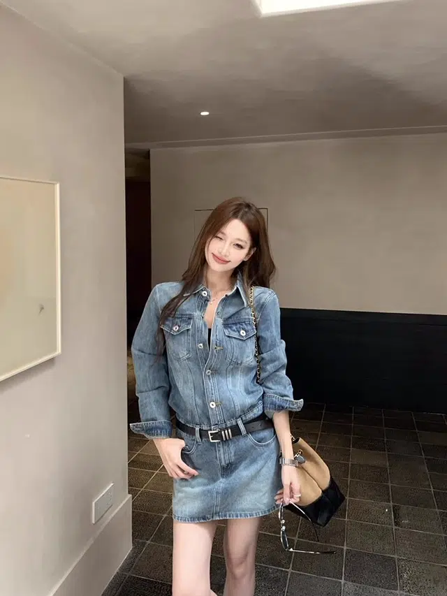 囍鱼少女 法式复古牛仔女秋季设计感单排扣翻领长袖包臀短裙连衣裙 女款