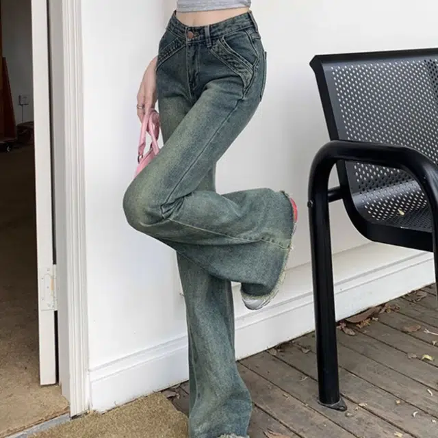 囍鱼少女 美式复古辣妹低腰微喇裤女高街设计感修身显瘦喇叭裤牛仔裤 女款