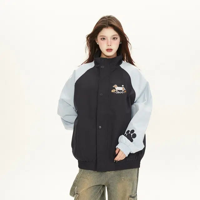 囍鱼少女 学院风撞色插肩袖腊肠小狗刺绣棒球服外套女春季宽松休闲潮夹克 女款