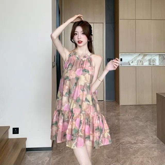 囍鱼少女 法式荷叶边蓬蓬裙女夏季挂脖短裙浪漫复古印花裙子无袖连衣裙 女款