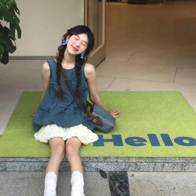 囍鱼少女 甜美田园风设计感蝴蝶结绑带牛仔背心半身裙裙装套装 女款