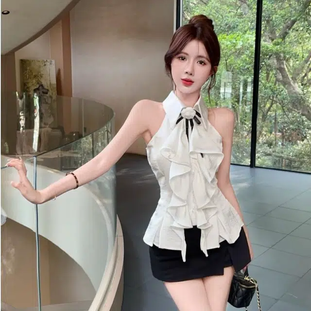 囍鱼少女 山茶花蝴蝶结挂脖露肩衬衫女夏季荷叶边甜美无袖上衣 吊带 女款